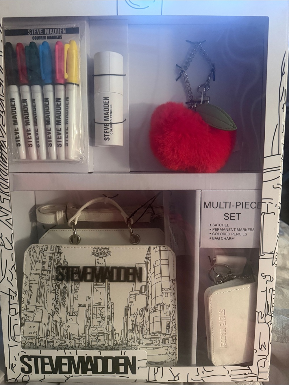 Steve Madden White Satchel Set with Red Pom Charm